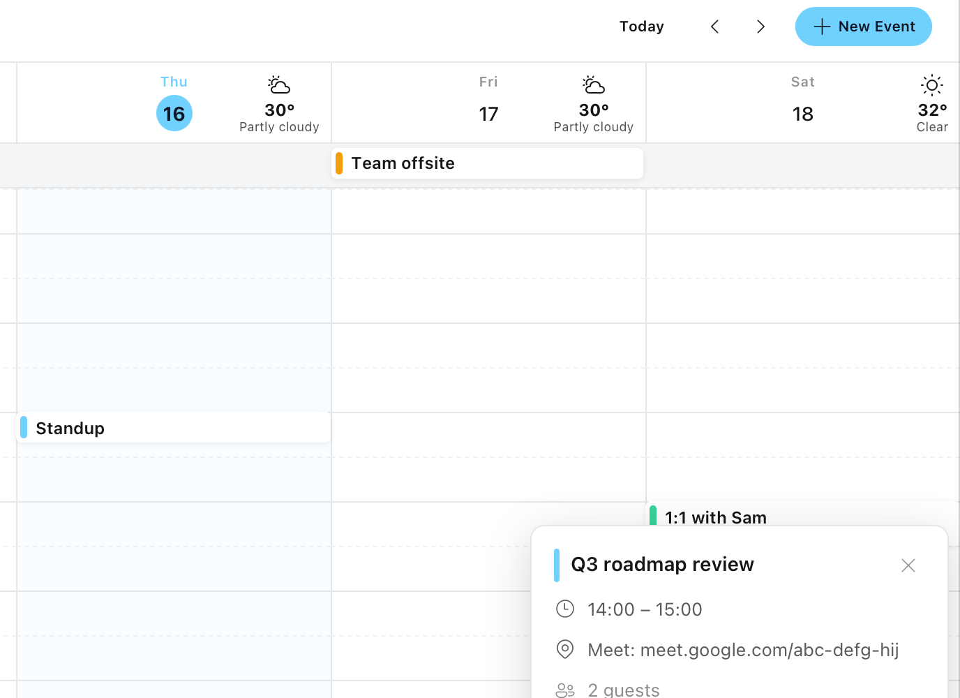 Pantomime week view with an event detail popover