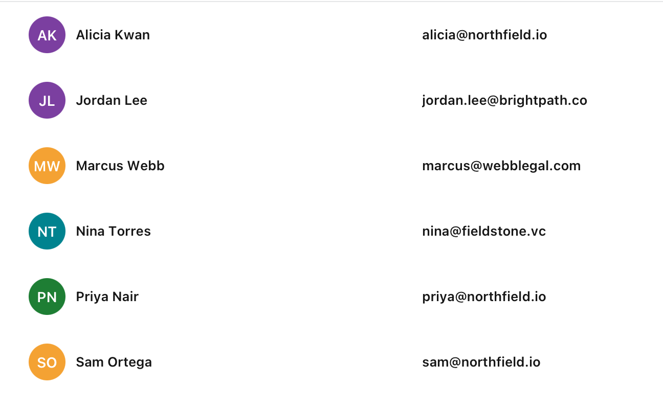 Pantomime contacts list with colored avatar initials