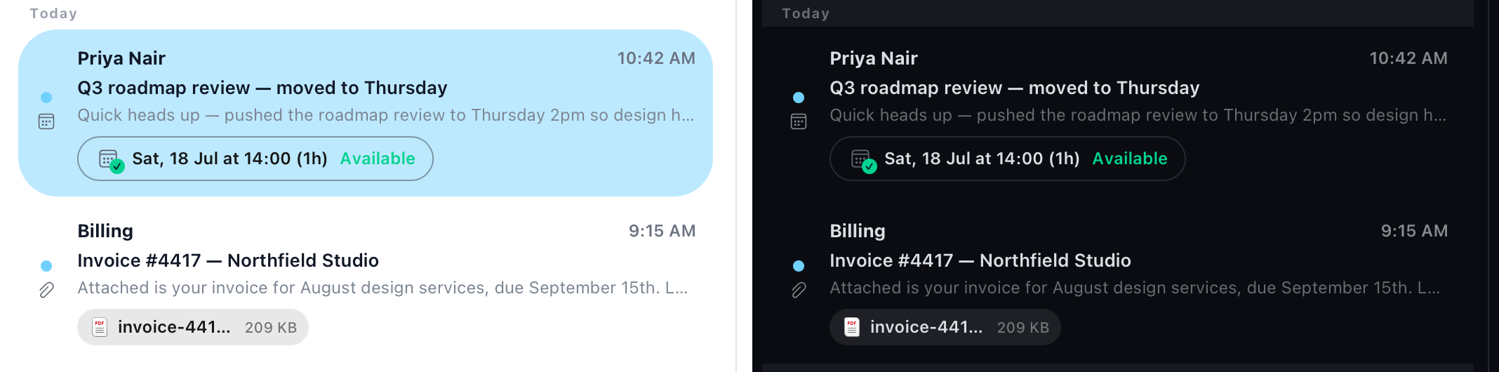 The same Pantomime inbox shown in light and dark mode side by side
