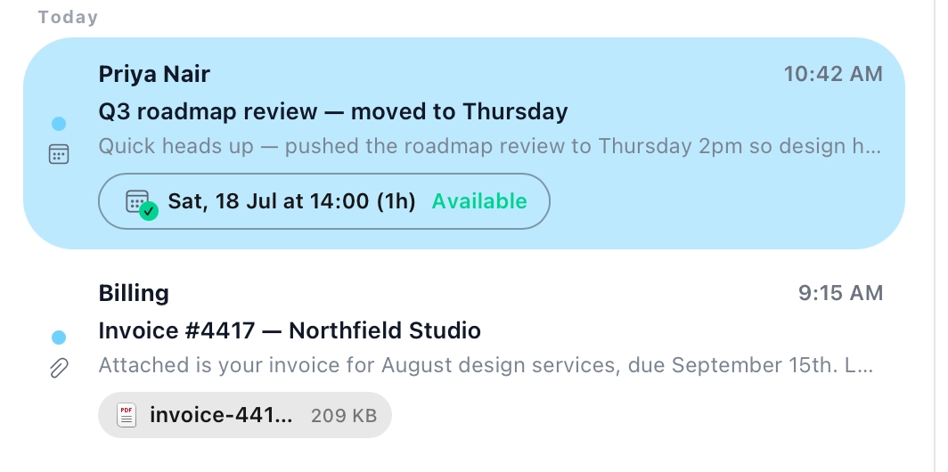 Pantomime inbox showing a calendar invite and an attachment