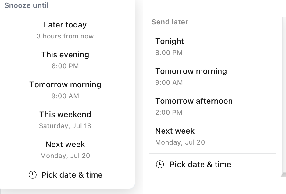Pantomime's Snooze until and Send later menus side by side